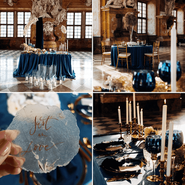 królewski błękit dekoracje sali weselnej glamour